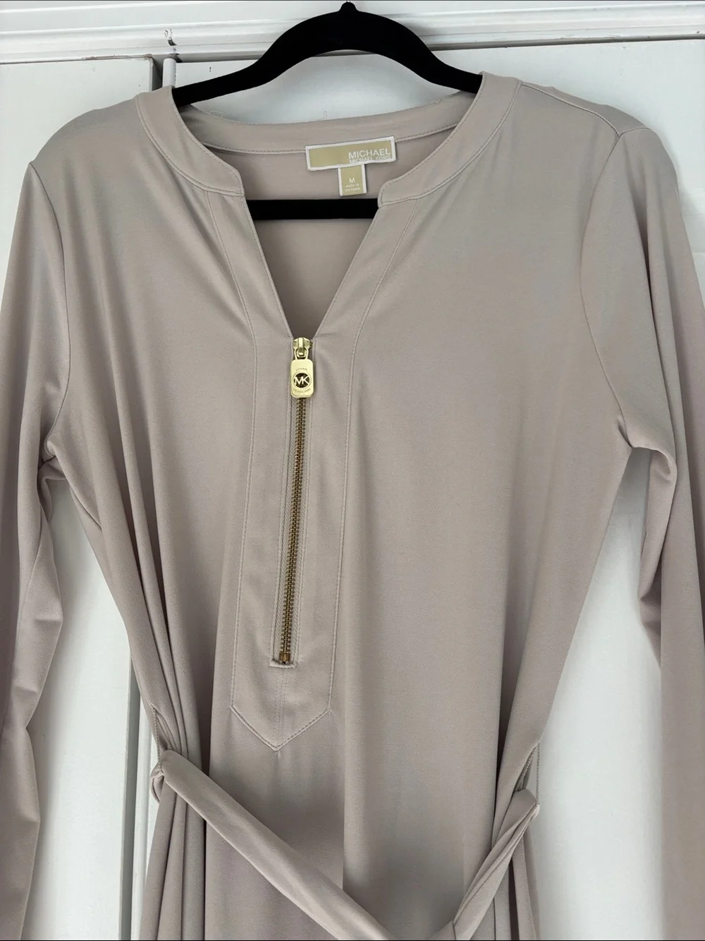 Michael Kors Long-Sleeve V-Neck Belted Dress in Light Taupe